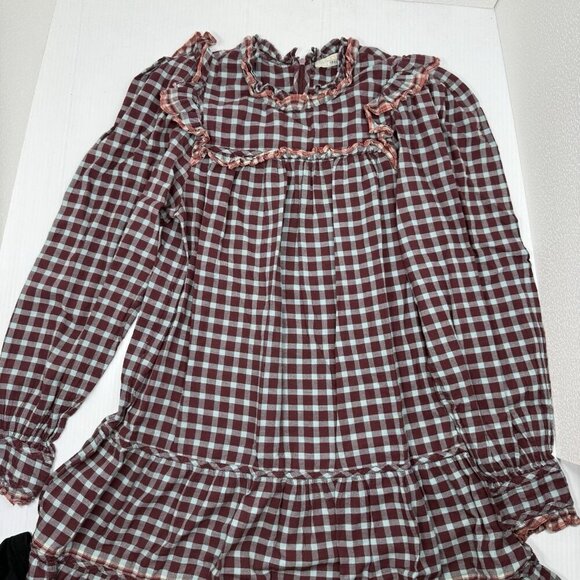 Ulla Johnson Elm Plaid Ruffle Mini Dress Size 8 Burgundy Check Long Sleeve - Picture 6 of 13